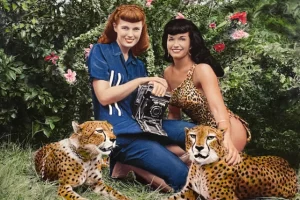 Bunny Yeager Self-Portrait with Bettie Page and Two Cheetahs